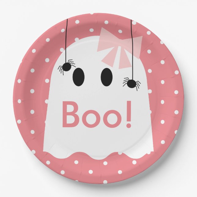 Boo! Halloween Ghost GIrl Ribbon Cute Pink Paper Plate (Front)