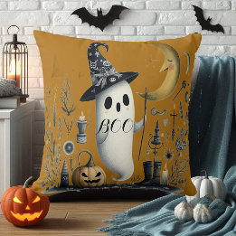 Boo Halloween Ghost Starry Night Half Moon Jack  Throw Pillow