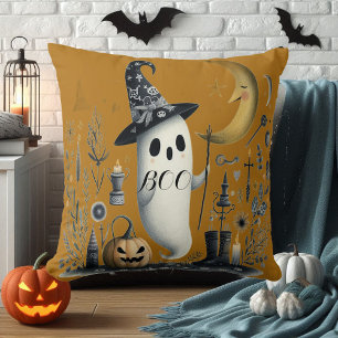 Boo Halloween Ghost Starry Night Half Moon Jack  Throw Pillow