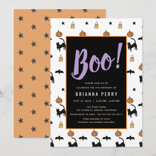 Boo! Halloween Pattern Cute White Birthday Invitation (Front/Back)