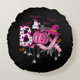 Boo Halloween Pumpkin Pink Ribbon Witch Breast Can Round Pillow