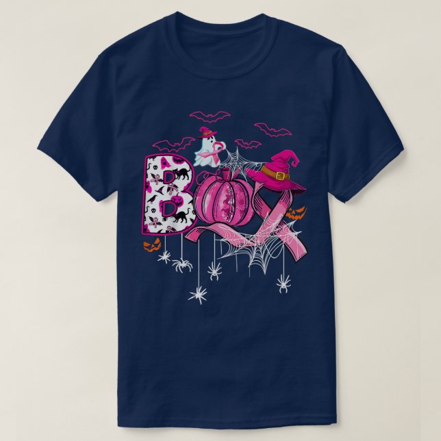 Boo Halloween Pumpkin Pink Ribbon Witch Breast Can T-Shirt (Design Front)