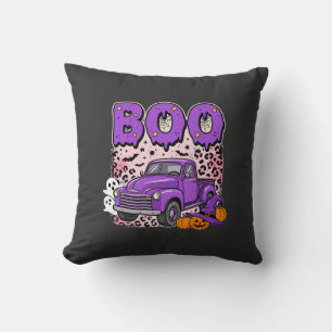 Boo Halloween Purple Truck Ghost and Pumpkins Desi Throw Pillow