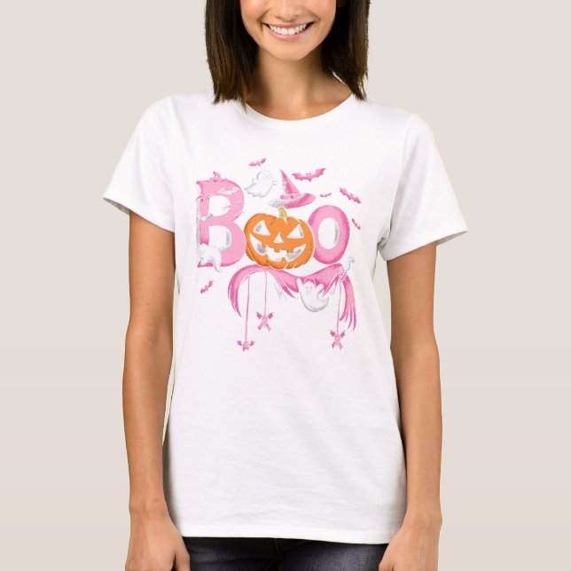 BOO Halloween Shirt Pink Spooky Season Ghost (Front)
