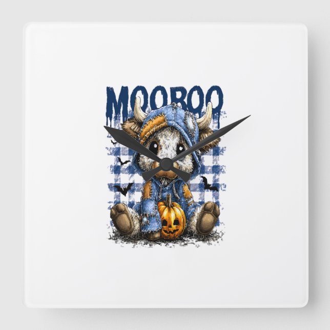 Boo Halloween Spooky Highland Cow Square Wall Clock (Front)