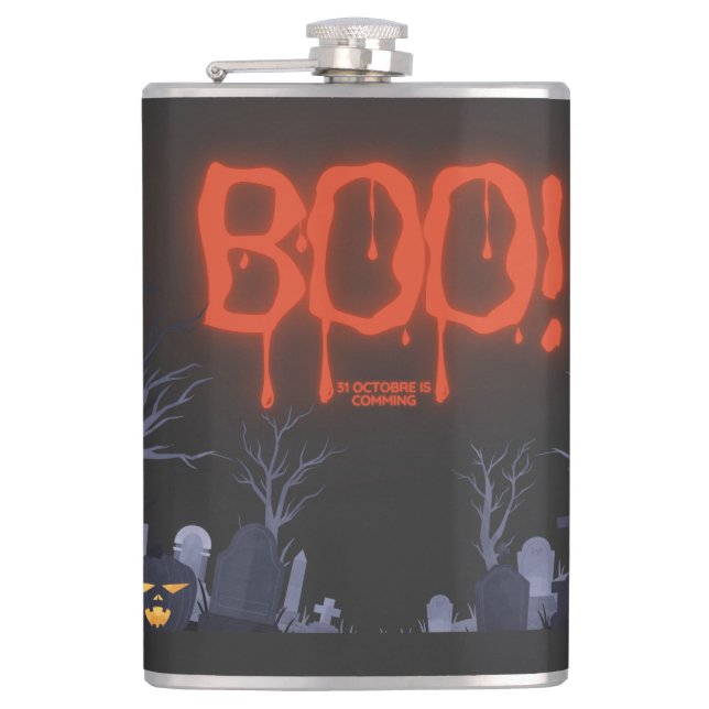 Boo Halloween Spooky Night Graveyard Pumpkin Hip Flask (Front)