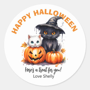 Boo! Happy Halloween friendly ghost & Cat Classic Round Sticker