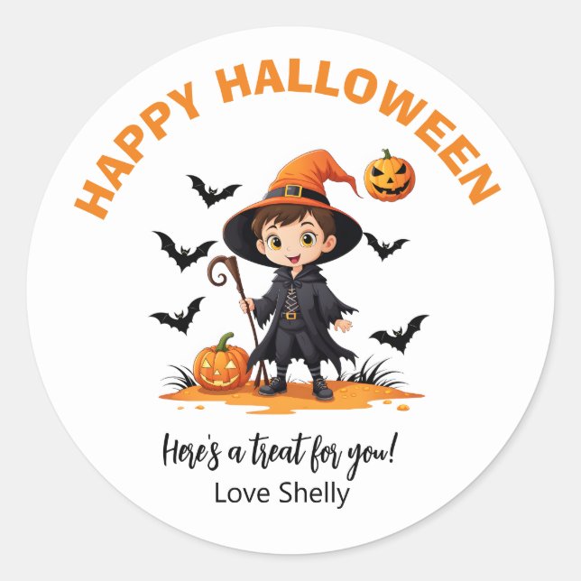 Boo! Happy Halloween friendly ghost & Cat Classic Round Sticker (Front)