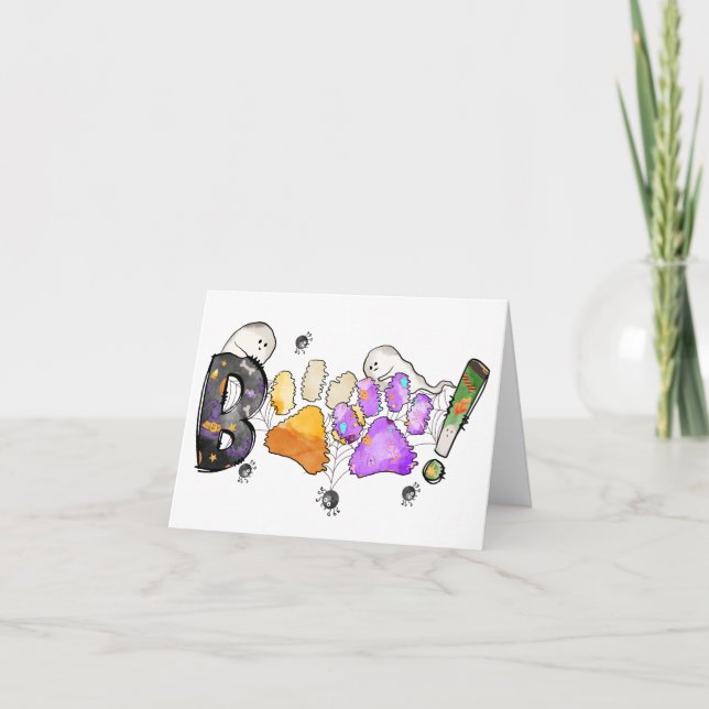 Boo Happy Halloween Ghosts Paw Prints Cute Pet Dog Holiday Card (Front)
