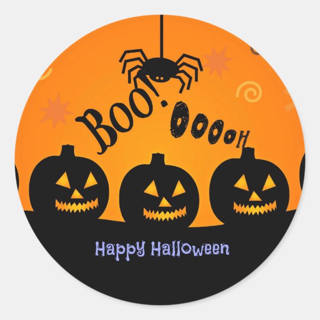 Boo! Happy Halloween in orange and black Classic Round Sticker (Front)