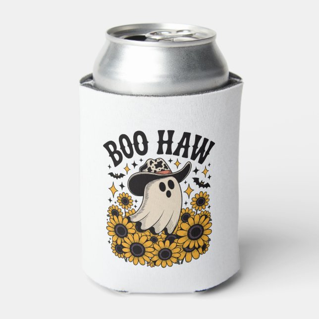 Boo Haw Cow Ghost Western Halloween Can Cooler (Can Front)