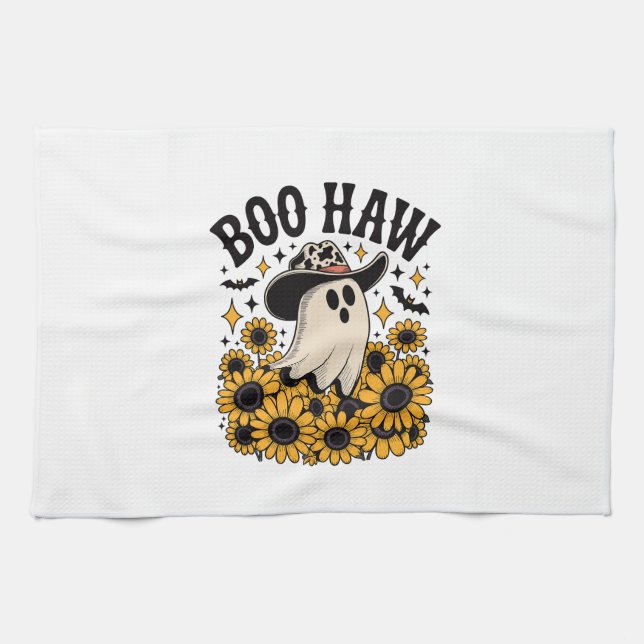 Boo Haw Cow Ghost Western Halloween Kitchen Towel (Horizontal)