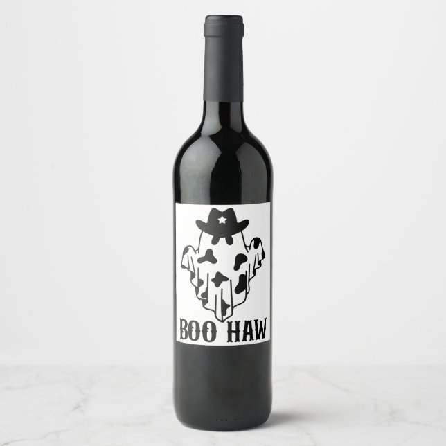 Boo Haw Funny Halloween Costume Ghost Western Spoo Wine Label (Front)