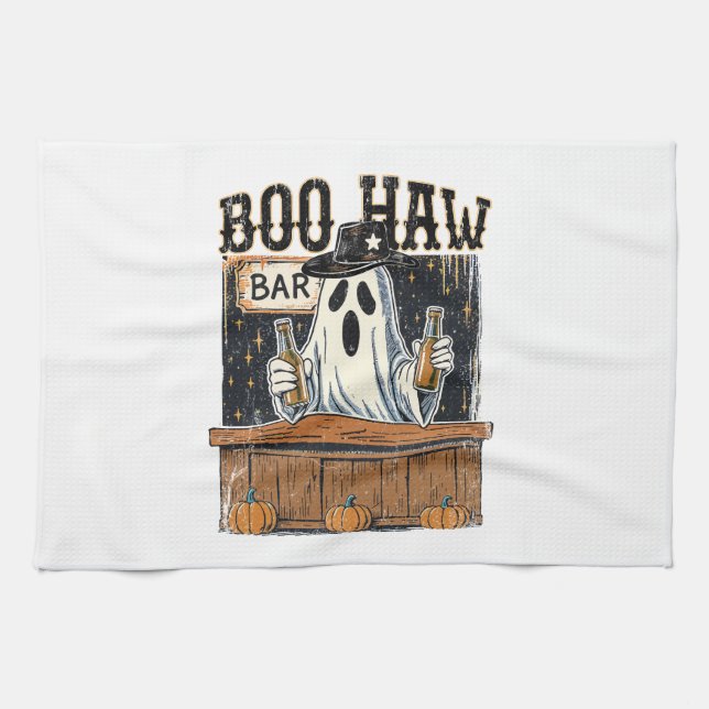 Boo Haw Retro Western Halloween Kitchen Towel (Horizontal)