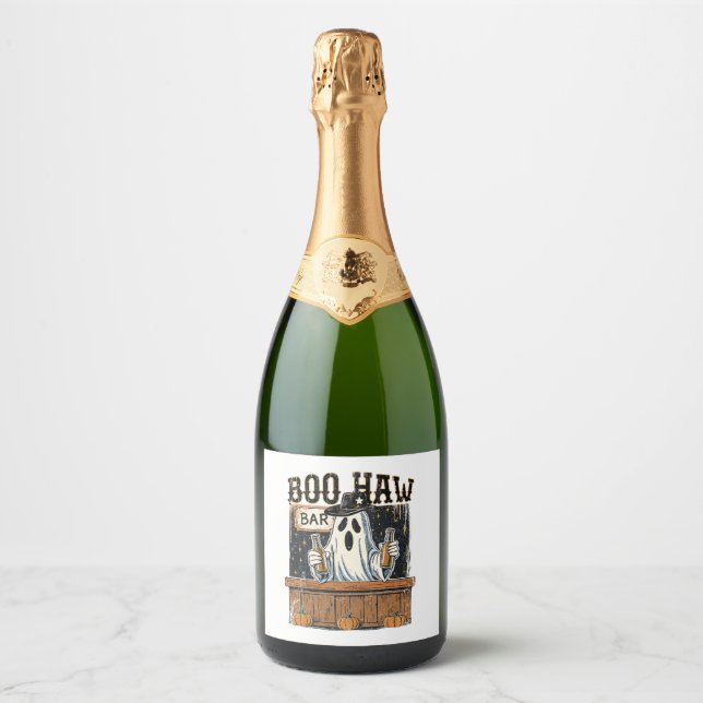 Boo Haw Retro Western Halloween Sparkling Wine Label (Front)