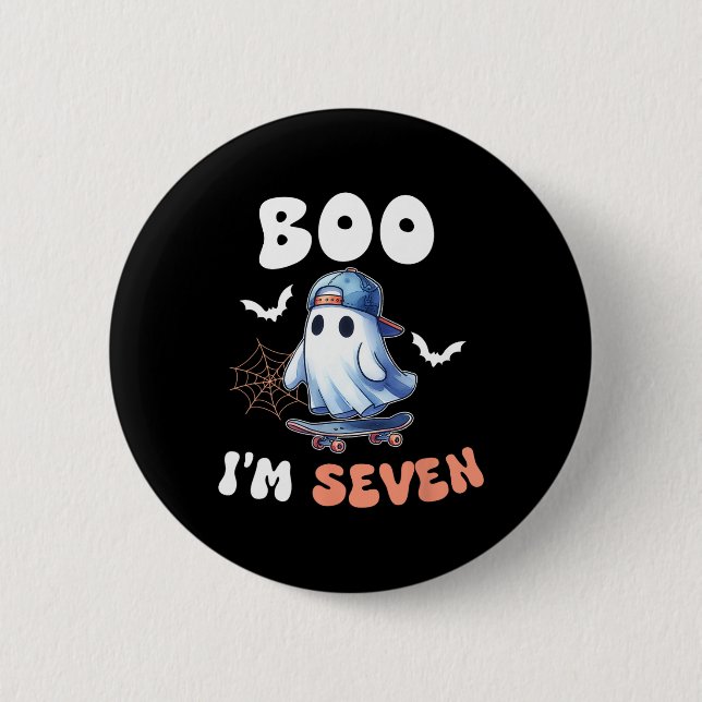 Boo I'm Seven Ghost Skateboard 7th Birthday Hallow 2 Inch Round Button (Front)
