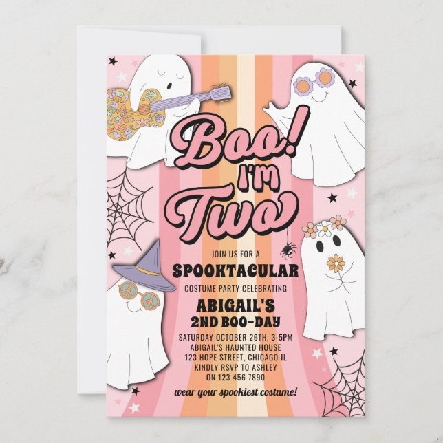 Boo I'm Two Groovy Halloween Girl 2nd Birthday Invitation (Front)