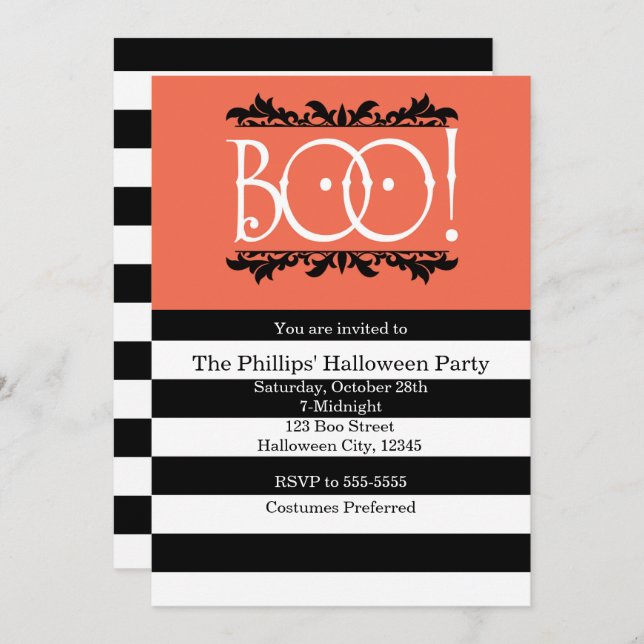 Boo ! Invitations d'Halloween noir blanc et orange (Devant / Derrière)
