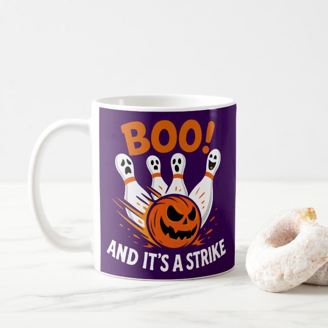Boo It’s a Strike Funny Halloween Bowling Coffee Mug (With Donut)