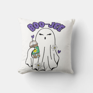 Boo-Jee Cute halloween Ghost with Iced Coffee Throw Pillow