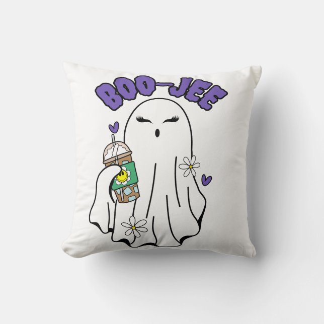 Boo-Jee Cute halloween Ghost with Iced Coffee  Throw Pillow (Front)