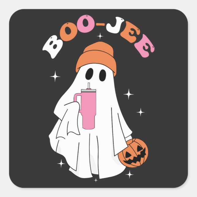 BOO JEE Funny Halloween Ghost Coffee Pumpkin Square Sticker (Front)