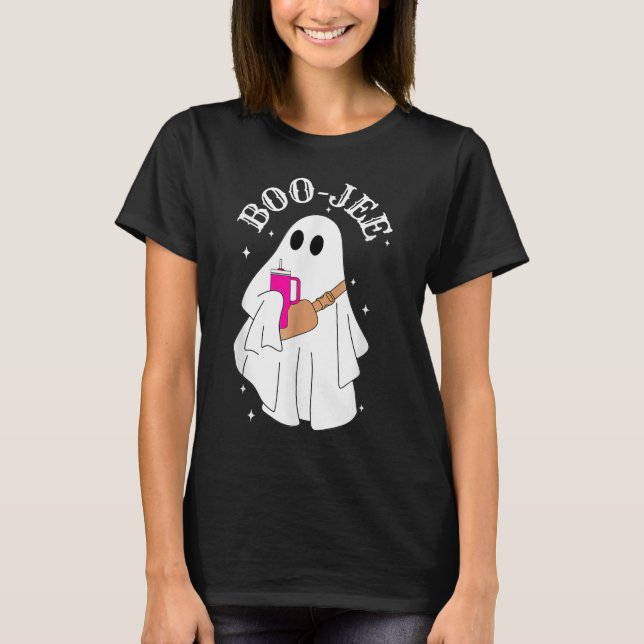 Boo Jee Ghost, Boojee Ghost with cup and bag T-Shirt (Front)