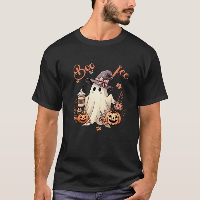 Boo Jee Ghost Drinking Coffee Coquette Bow Hallowe T-Shirt (Front)