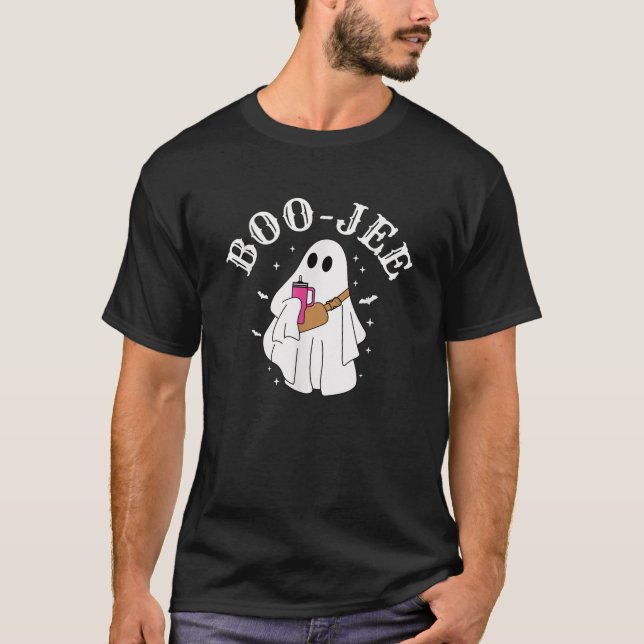 Boo Jee Ghost Drinking Coffee Coquette Bow Hallowe T-Shirt (Front)