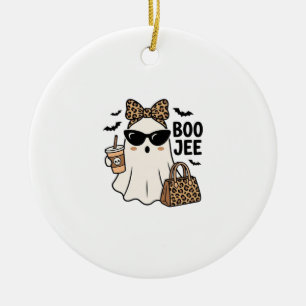 Boo Jee Ghost Halloween Leopard Bow Vector Design_ Ceramic Ornament