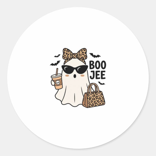 Boo Jee Ghost Halloween Leopard Bow Vector Design_ Classic Round Sticker (Front)