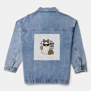 Boo Jee Ghost Halloween Leopard Bow Vector Design_ Denim Jacket