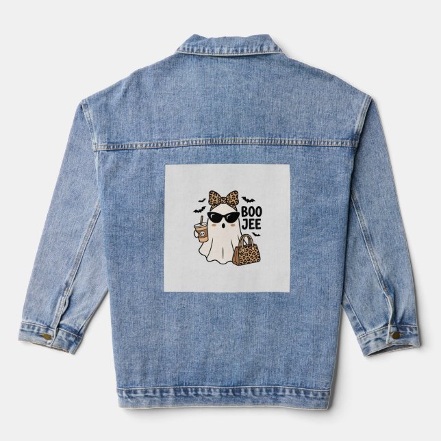 Boo Jee Ghost Halloween Leopard Bow Vector Design_ Denim Jacket (Back)