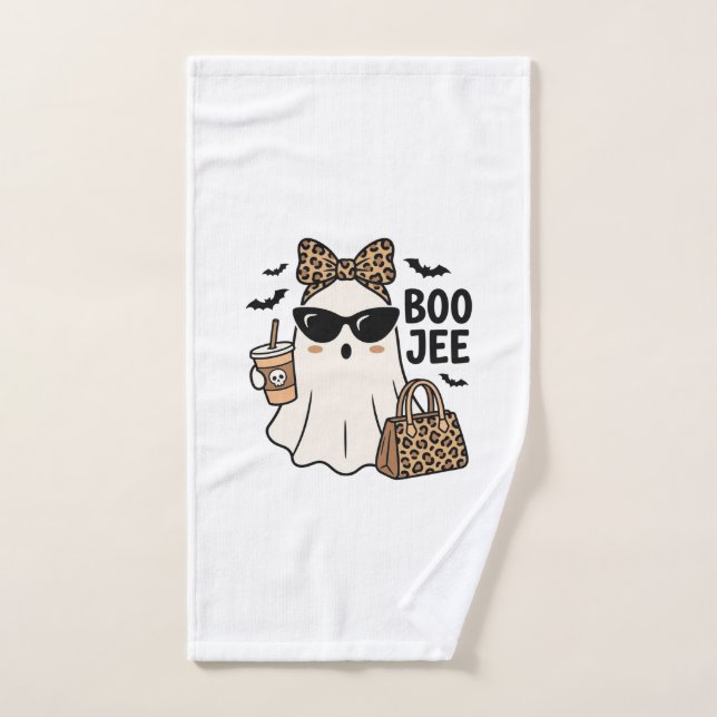 Boo Jee Ghost Halloween Leopard Bow Vector Design_ Hand Towel (Hand Towel)