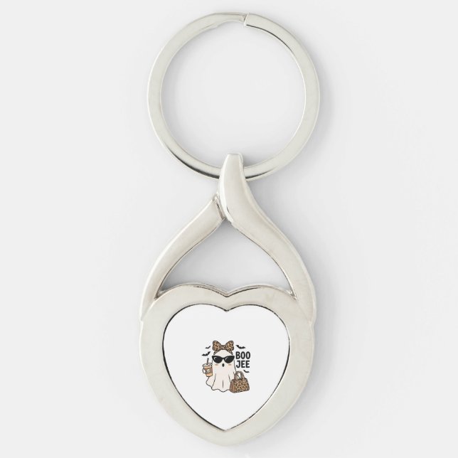 Boo Jee Ghost Halloween Leopard Bow Vector Design_ Keychain (Front)