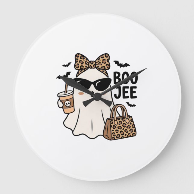Boo Jee Ghost Halloween Leopard Bow Vector Design_ Large Clock (Front)