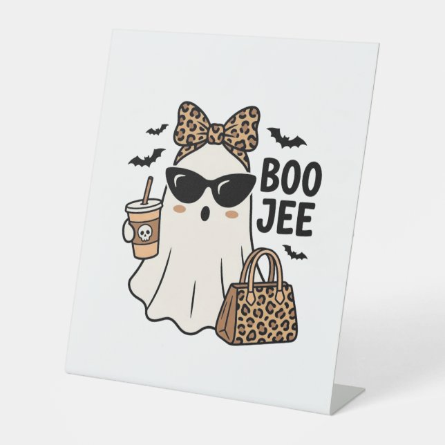 Boo Jee Ghost Halloween Leopard Bow Vector Design_ Pedestal Sign (Front)