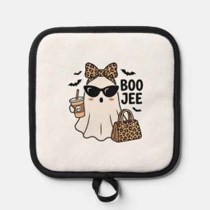 Boo Jee Ghost Halloween Leopard Bow Vector Design_ Pot Holder