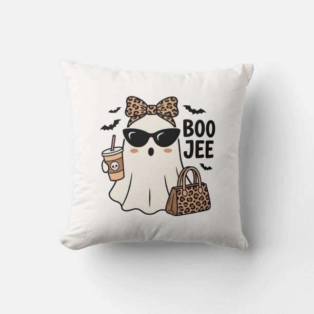 Boo Jee Ghost Halloween Leopard Bow Vector Design_ Throw Pillow (Front)