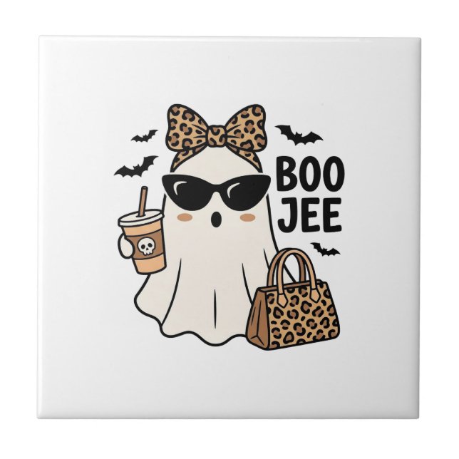 Boo Jee Ghost Halloween Leopard Bow Vector Design_ Tile (Front)