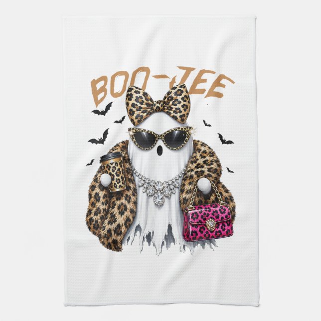 Boo-JEE Ghost Leopard Coquette Halloween Kitchen Towel (Vertical)