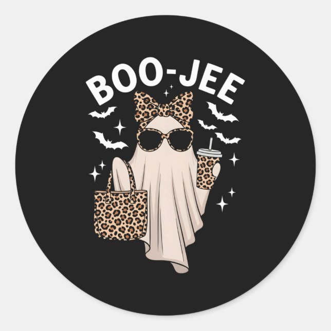 Boo Jee Ghost With Coffee Coquette Bow Halloween W Classic Round Sticker (Front)