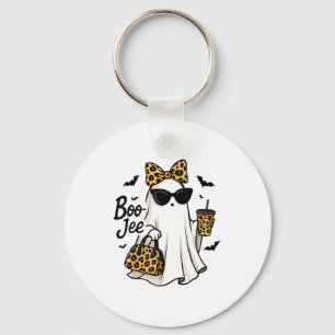 Boo Jee Ghost With Coffee Coquette Bow Halloween W Keychain