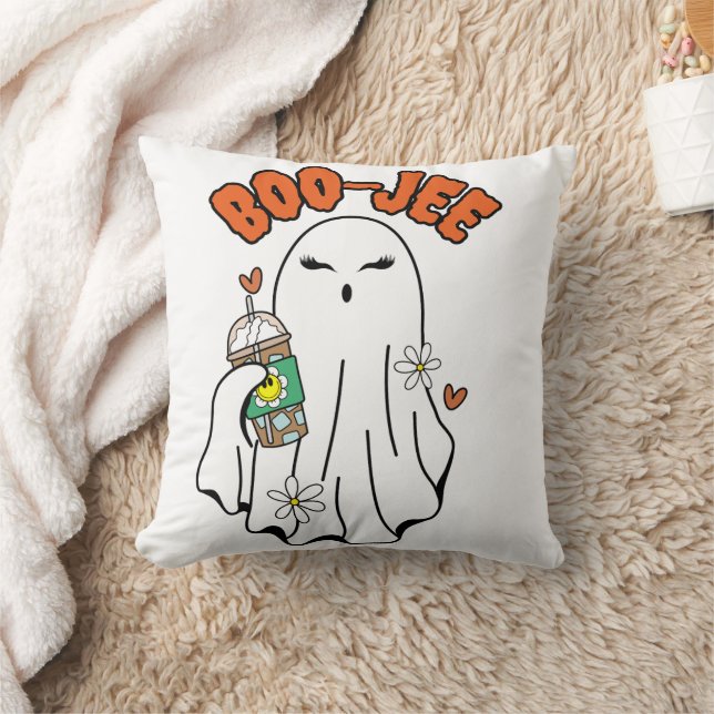 Boo-Jee Halloween Ghost with Iced Coffee in hand  Throw Pillow (Blanket)