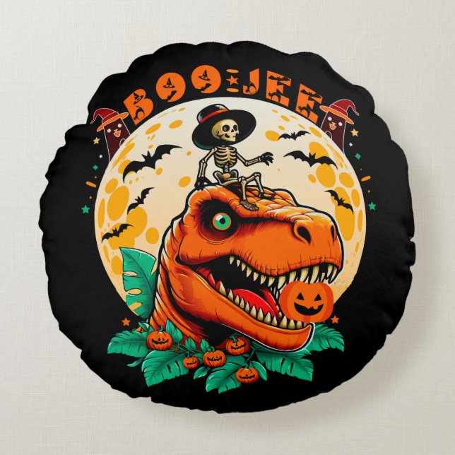 BOO-Jee Halloween: T-Rex & Skeleton Fun Design! Round Pillow (Front)