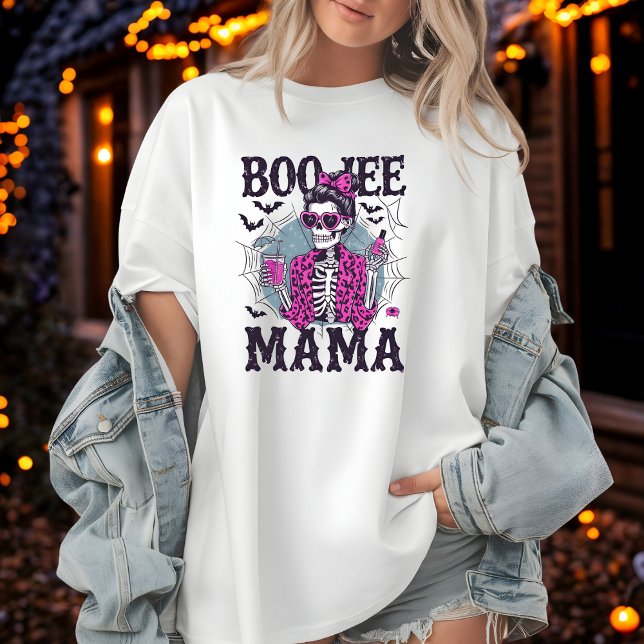 Boo-Jee Mama Skeleton in Pink Fur Halloween Design T-Shirt (Creator Uploaded)