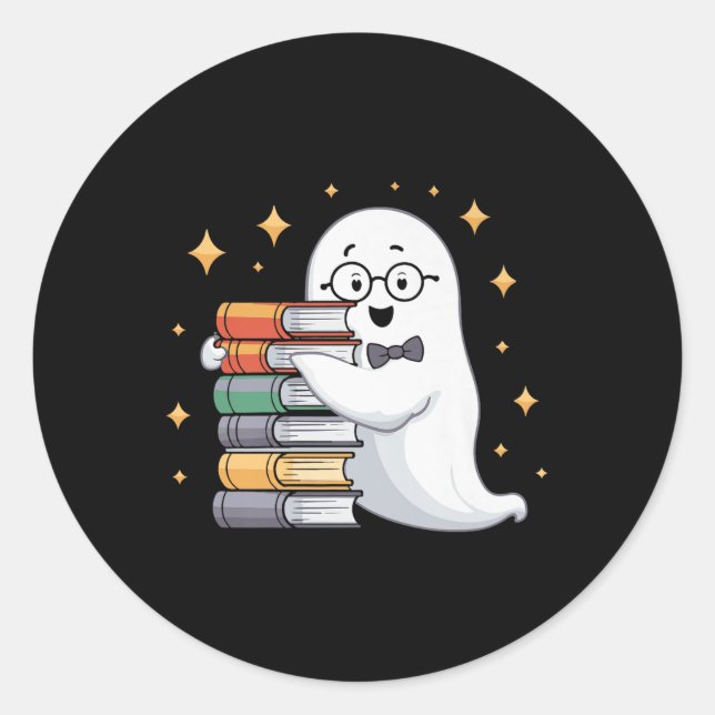 Boo-k Lover Halloween Ghost Teacher Book Stack Men Classic Round Sticker (Front)