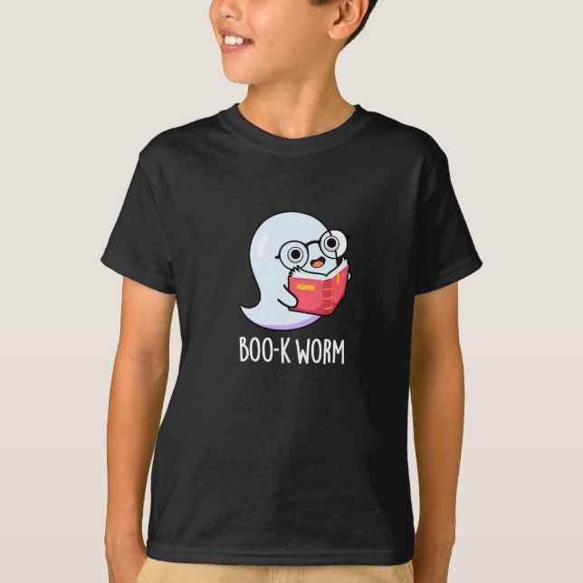 Boo-k Worm Funny Bookworm Ghost Pun Dark BG T-Shirt (Front)