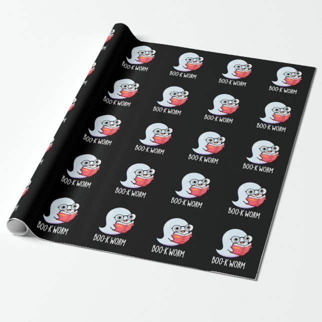 Boo-k Worm Funny Bookworm Ghost Pun Dark BG Wrapping Paper (Unrolled)