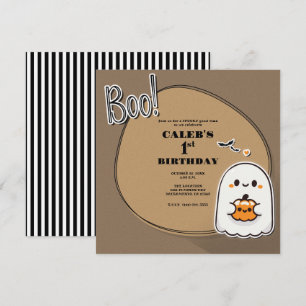 BOO! Little Ghost Brown Halloween 1st Birthday Invitation